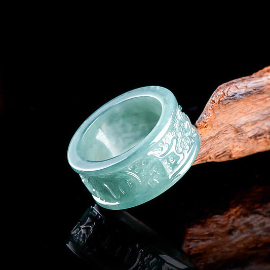 Mythstone Natural Jade Om Mani Padme Hum Carved Prosperity Ring