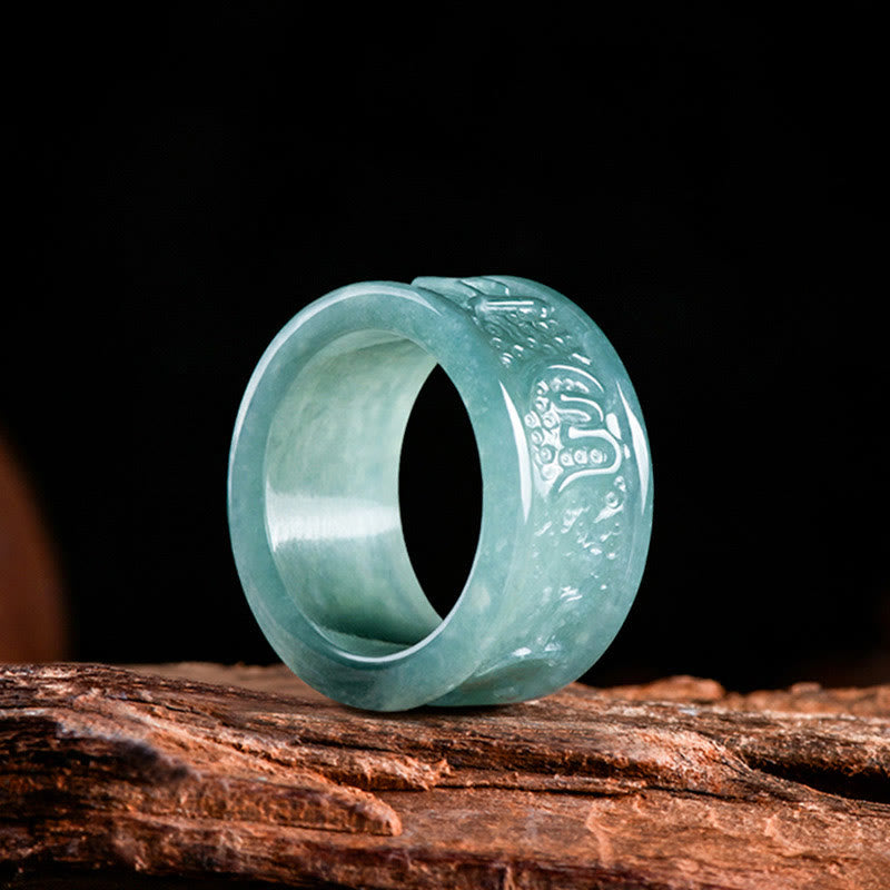 Mythstone Natural Jade Om Mani Padme Hum Carved Prosperity Ring