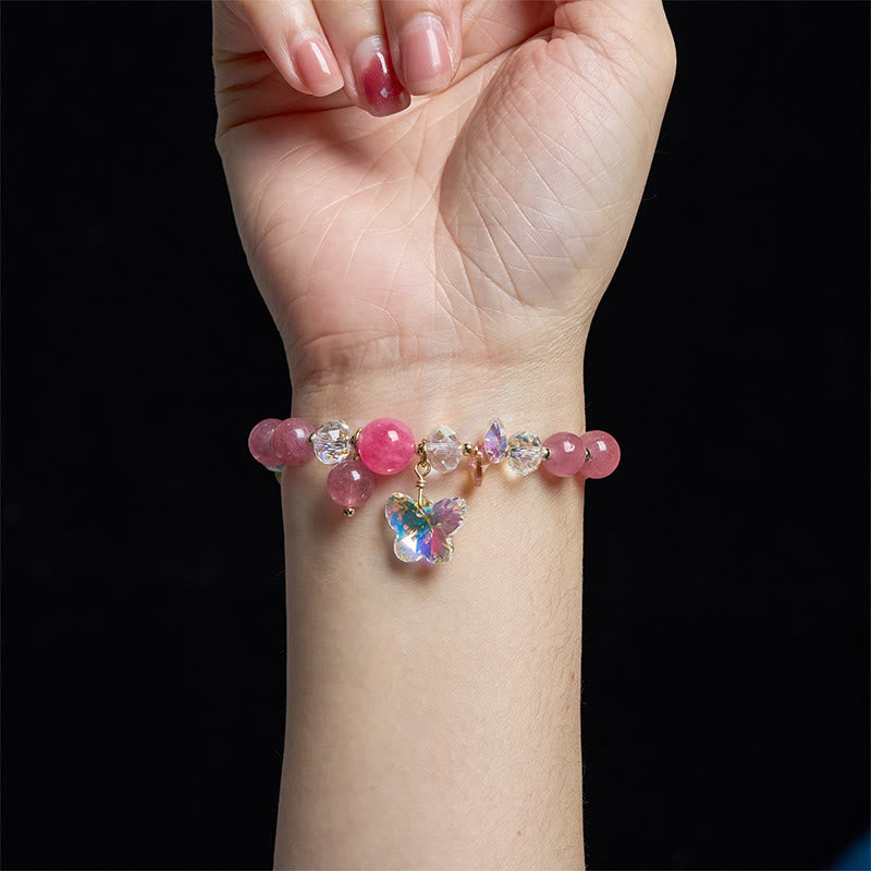 Mythstone Strawberry Quartz White Crystal Pink Crystal Butterfly Love Bracelet