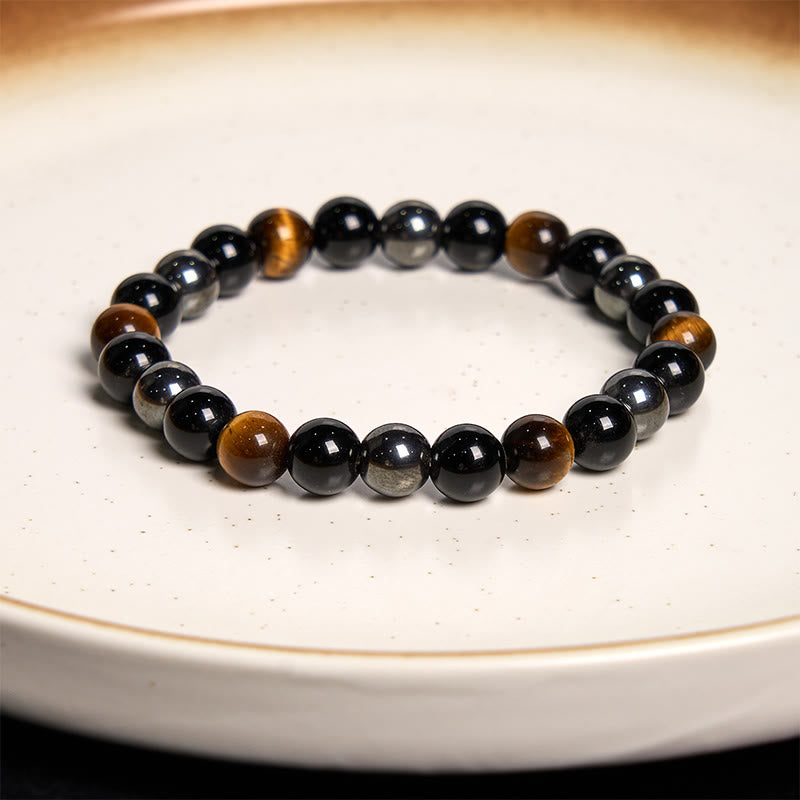 Mythstone Natural Tiger's Eye Obsidian Hematite Positive Powerful Bracelet