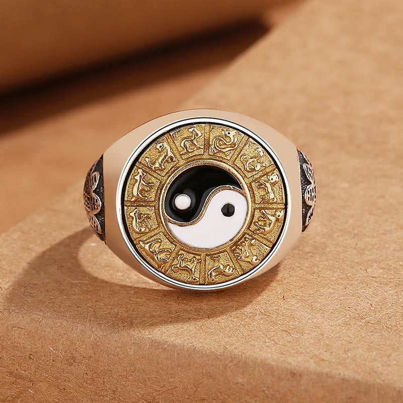 Mythstone Yin Yang Chinese Zodiac Copper Wealth Adjustable Ring