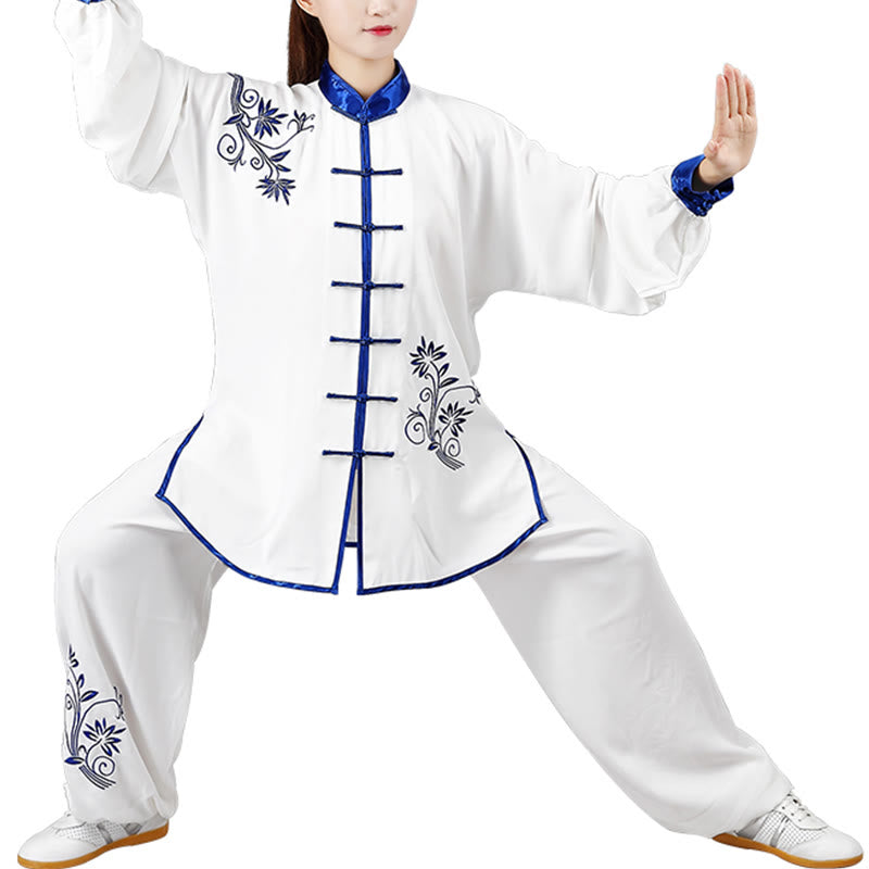 Mythstone 2Pcs Fall Blue Embroidery Flowers Frog-Button Tai Chi Meditation Qigong Zen Practice Unisex Cotton Clothing Set