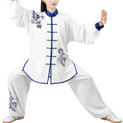 Mythstone 2Pcs Fall Blue Embroidery Flowers Frog-Button Tai Chi Meditation Qigong Zen Practice Unisex Cotton Clothing Set