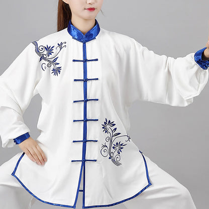 Mythstone 2Pcs Fall Blue Embroidery Flowers Frog-Button Tai Chi Meditation Qigong Zen Practice Unisex Cotton Clothing Set