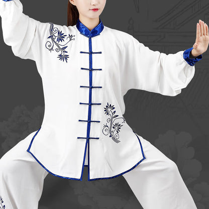 Mythstone 2Pcs Fall Blue Embroidery Flowers Frog-Button Tai Chi Meditation Qigong Zen Practice Unisex Cotton Clothing Set