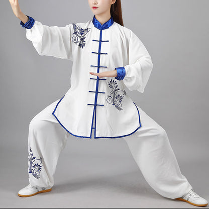 Mythstone 2Pcs Fall Blue Embroidery Flowers Frog-Button Tai Chi Meditation Qigong Zen Practice Unisex Cotton Clothing Set