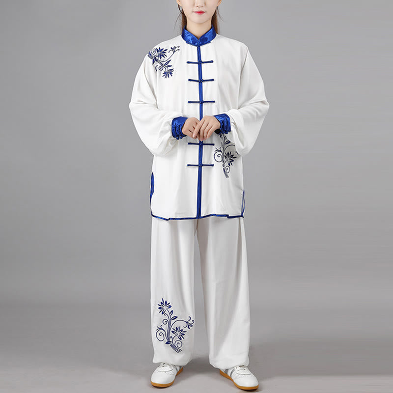 Mythstone 2Pcs Fall Blue Embroidery Flowers Frog-Button Tai Chi Meditation Qigong Zen Practice Unisex Cotton Clothing Set