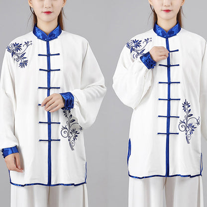 Mythstone 2Pcs Fall Blue Embroidery Flowers Frog-Button Tai Chi Meditation Qigong Zen Practice Unisex Cotton Clothing Set