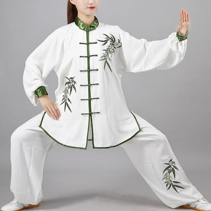 Mythstone 2Pcs Fall Green Bamboo Leaves Embroidery Frog-Button Tai Chi Meditation Qigong Zen Practice Unisex Cotton Clothing Set