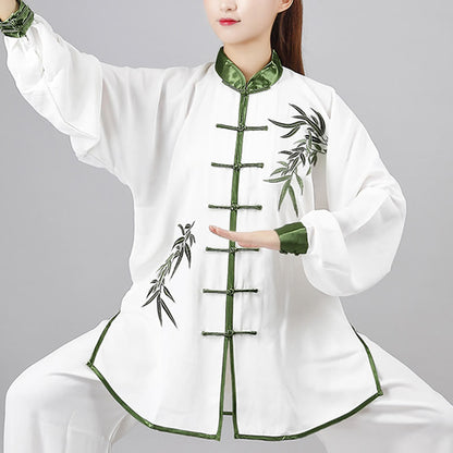 Mythstone 2Pcs Fall Green Bamboo Leaves Embroidery Frog-Button Tai Chi Meditation Qigong Zen Practice Unisex Cotton Clothing Set