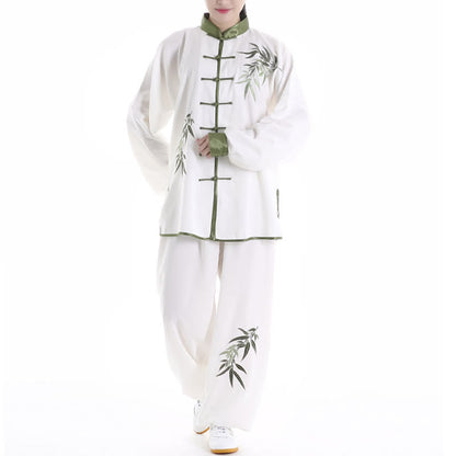 Mythstone 2Pcs Fall Green Bamboo Leaves Embroidery Frog-Button Tai Chi Meditation Qigong Zen Practice Unisex Cotton Clothing Set