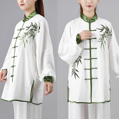 Mythstone 2Pcs Fall Green Bamboo Leaves Embroidery Frog-Button Tai Chi Meditation Qigong Zen Practice Unisex Cotton Clothing Set