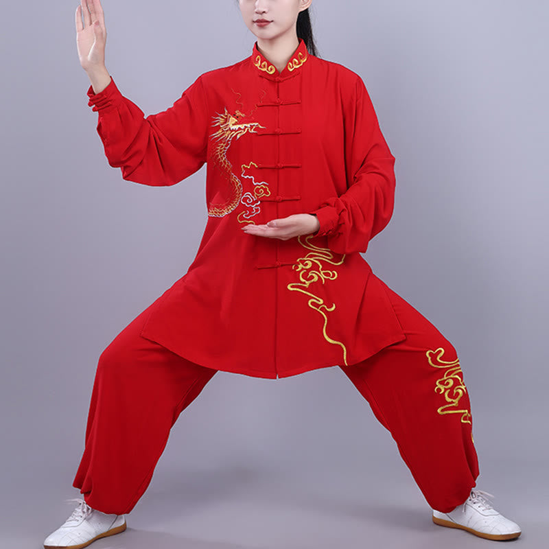 Mythstone 2Pcs Fall Embroidery Dragon Frog-Button Tai Chi Meditation Qigong Zen Practice Unisex Cotton Clothing Set