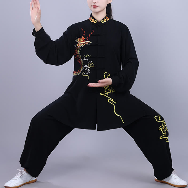 Mythstone 2Pcs Fall Embroidery Dragon Frog-Button Tai Chi Meditation Qigong Zen Practice Unisex Cotton Clothing Set