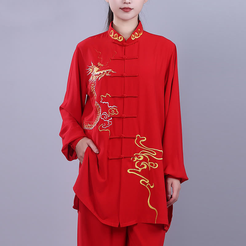 Mythstone 2Pcs Fall Embroidery Dragon Frog-Button Tai Chi Meditation Qigong Zen Practice Unisex Cotton Clothing Set