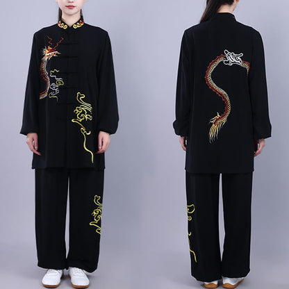 Mythstone 2Pcs Fall Embroidery Dragon Frog-Button Tai Chi Meditation Qigong Zen Practice Unisex Cotton Clothing Set