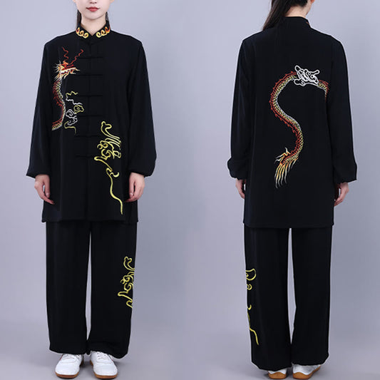 Mythstone 2Pcs Fall Embroidery Dragon Frog-Button Tai Chi Meditation Qigong Zen Practice Unisex Cotton Clothing Set