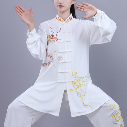 Mythstone 2Pcs Fall Embroidery Dragon Frog-Button Tai Chi Meditation Qigong Zen Practice Unisex Cotton Clothing Set