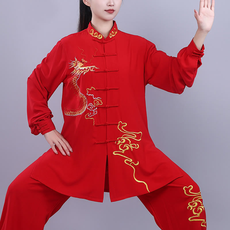 Mythstone 2Pcs Fall Embroidery Dragon Frog-Button Tai Chi Meditation Qigong Zen Practice Unisex Cotton Clothing Set