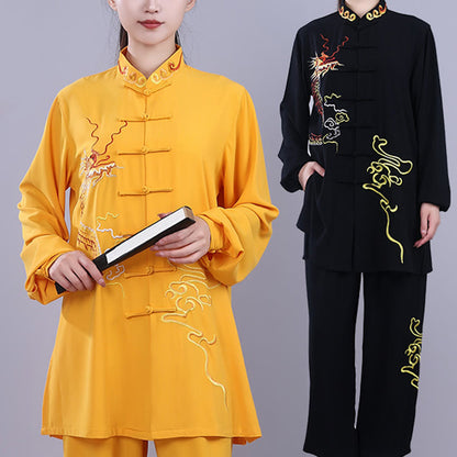 Mythstone 2Pcs Fall Embroidery Dragon Frog-Button Tai Chi Meditation Qigong Zen Practice Unisex Cotton Clothing Set