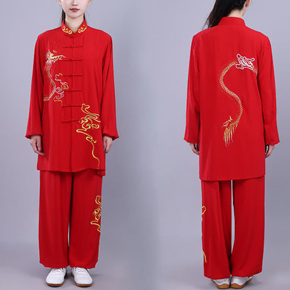 Mythstone 2Pcs Fall Embroidery Dragon Frog-Button Tai Chi Meditation Qigong Zen Practice Unisex Cotton Clothing Set