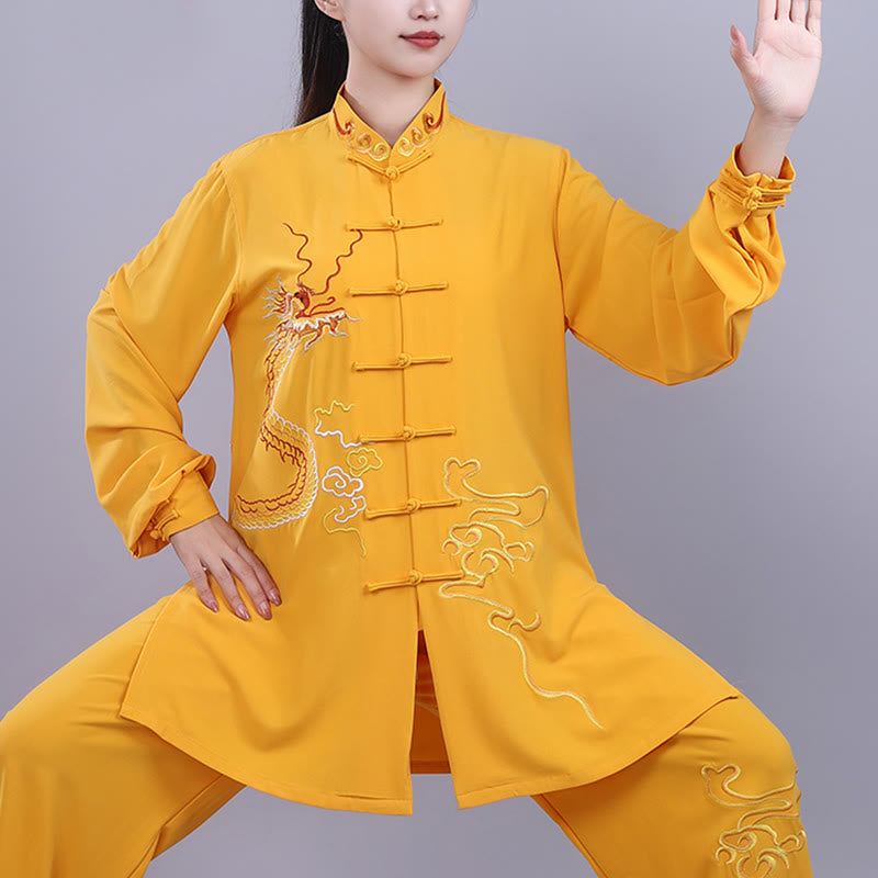 Mythstone 2Pcs Fall Embroidery Dragon Frog-Button Tai Chi Meditation Qigong Zen Practice Unisex Cotton Clothing Set