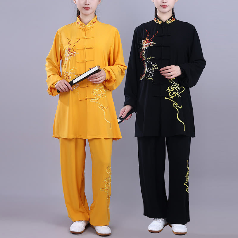 Mythstone 2Pcs Fall Embroidery Dragon Frog-Button Tai Chi Meditation Qigong Zen Practice Unisex Cotton Clothing Set