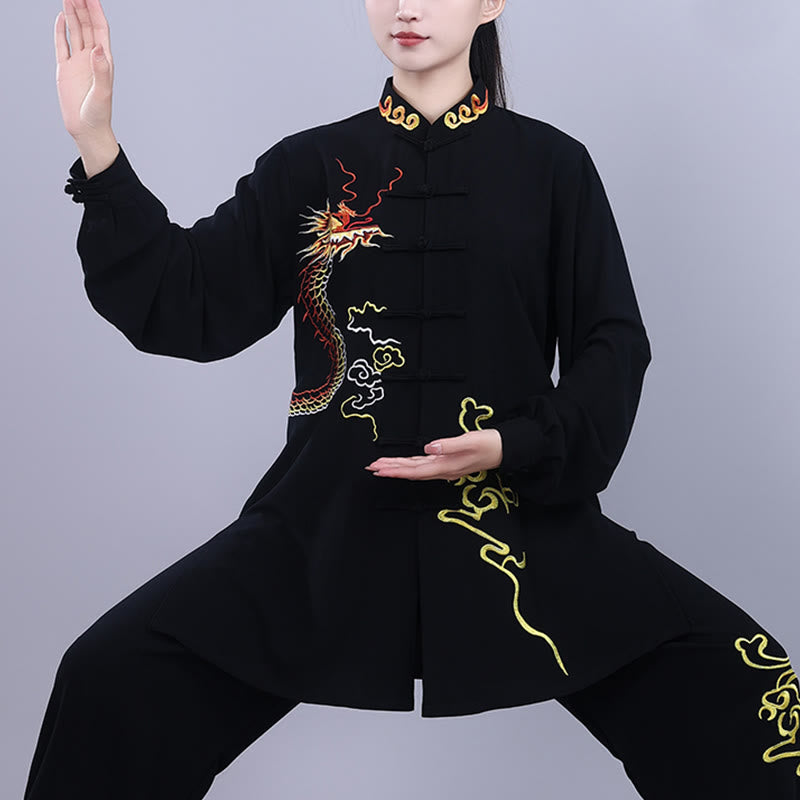 Mythstone 2Pcs Fall Embroidery Dragon Frog-Button Tai Chi Meditation Qigong Zen Practice Unisex Cotton Clothing Set