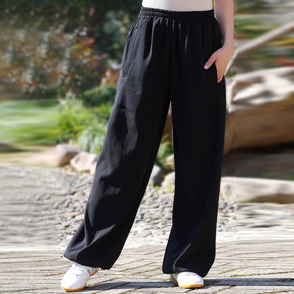 Mythstone Fall Winter Unisex Elastic Waist Tai Chi Qigong Practice Cotton Linen Fleece Lined Pants With Pockets