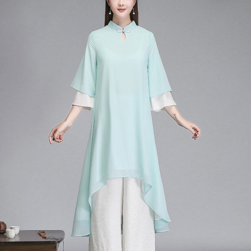 Mythstone Solid Women's Three Quarter Sleeve Chiffon Irregular Shirt Dress Wide Leg Pants Meditation Clothing