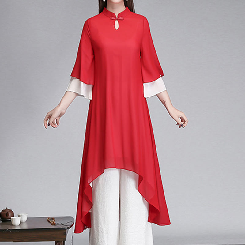 Mythstone Solid Women's Three Quarter Sleeve Chiffon Irregular Shirt Dress Wide Leg Pants Meditation Clothing