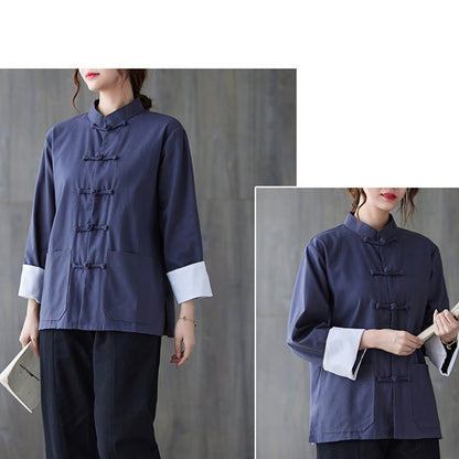 Mythstone Women's Frog-Button Long Sleeve Shirt Pants Meditation Cotton Linen Clothing