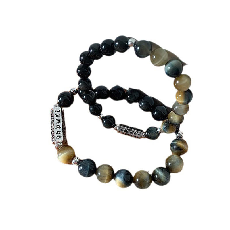 Mythstone Natural Black Obsidian Tiger's Eye Six True Words 'om Mani Padme Hum' Strength Love Bracelet