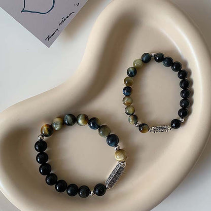 Mythstone Natural Black Obsidian Tiger's Eye Six True Words 'om Mani Padme Hum' Strength Love Bracelet