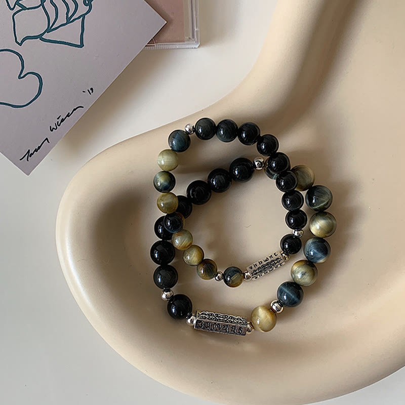 Mythstone Natural Black Obsidian Tiger's Eye Six True Words 'om Mani Padme Hum' Strength Love Bracelet