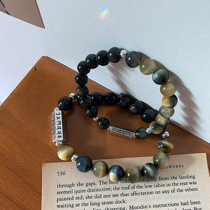 Mythstone Natural Black Obsidian Tiger's Eye Six True Words 'om Mani Padme Hum' Strength Love Bracelet