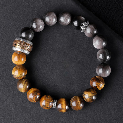 Mythstone Natural Silver Sheen Obsidian Tiger's Eye Six True Words 'om Mani Padme Hum'  Strength Bracelet