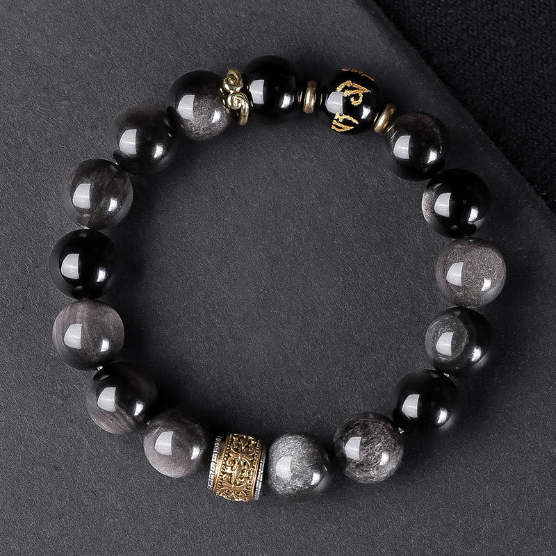 Mythstone Natural Silver Sheen Obsidian Tiger's Eye Six True Words 'om Mani Padme Hum'  Strength Bracelet