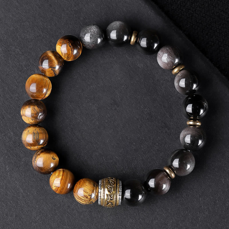 Mythstone Natural Silver Sheen Obsidian Tiger's Eye Six True Words 'om Mani Padme Hum'  Strength Bracelet