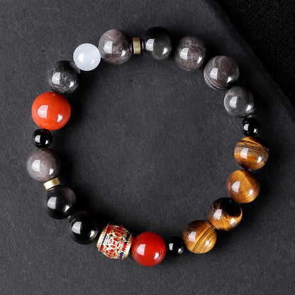 Mythstone Natural Silver Sheen Obsidian Tiger's Eye Six True Words 'om Mani Padme Hum'  Strength Bracelet