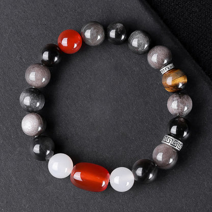 Mythstone Natural Silver Sheen Obsidian Tiger's Eye Six True Words 'om Mani Padme Hum'  Strength Bracelet