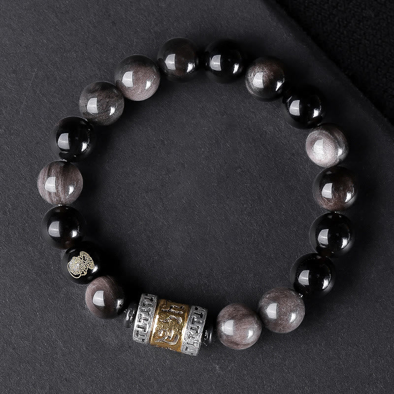 Mythstone Natural Silver Sheen Obsidian Tiger's Eye Six True Words 'om Mani Padme Hum'  Strength Bracelet