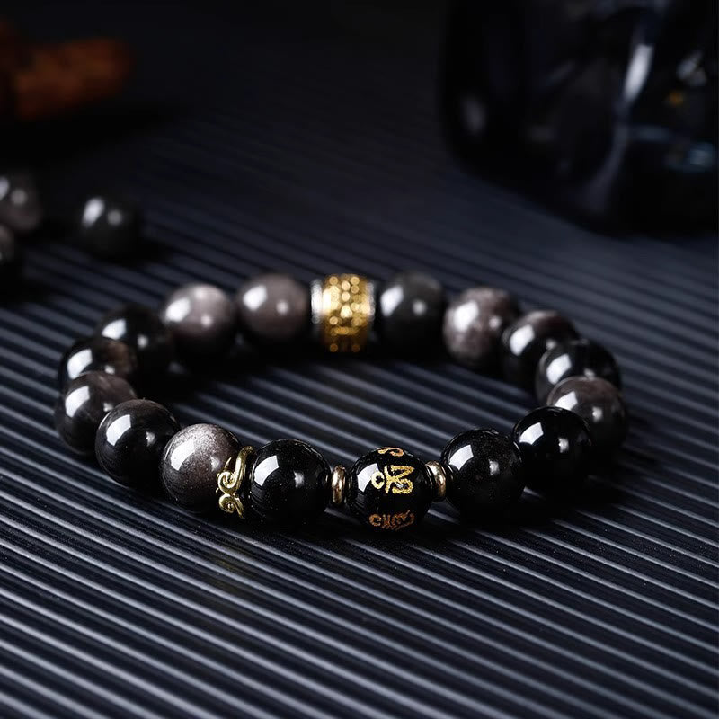 Mythstone Natural Silver Sheen Obsidian Tiger's Eye Six True Words 'om Mani Padme Hum'  Strength Bracelet