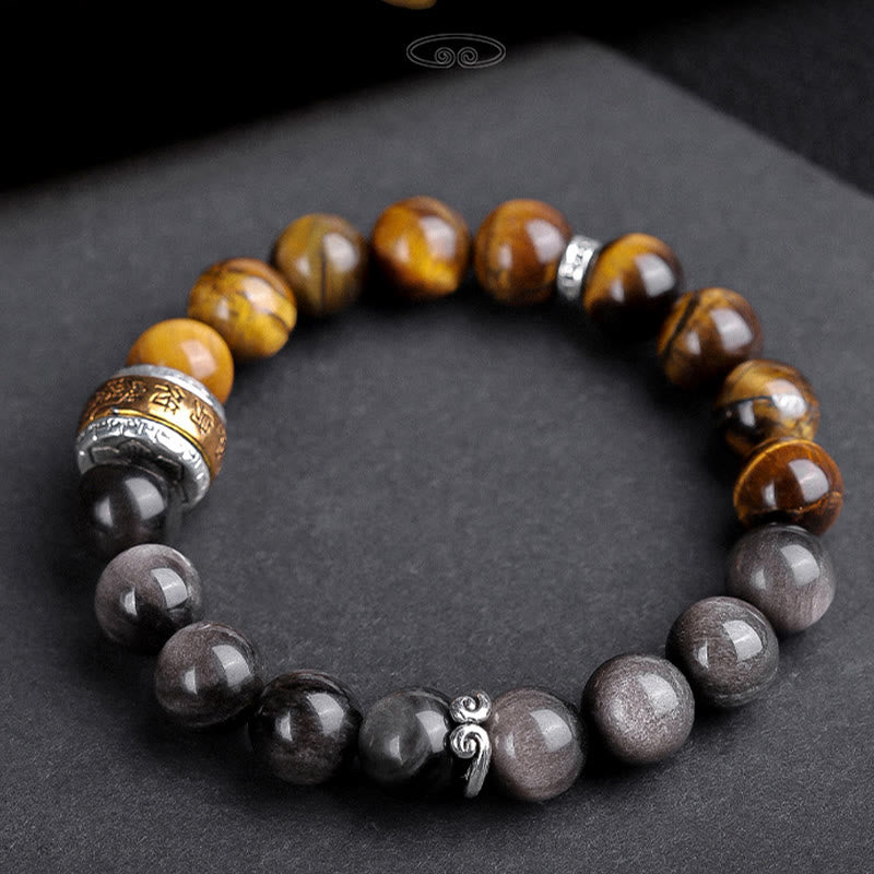 Mythstone Natural Silver Sheen Obsidian Tiger's Eye Six True Words 'om Mani Padme Hum'  Strength Bracelet