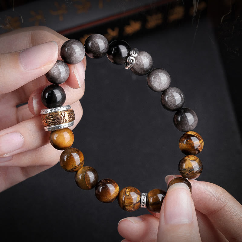 Mythstone Natural Silver Sheen Obsidian Tiger's Eye Six True Words 'om Mani Padme Hum'  Strength Bracelet