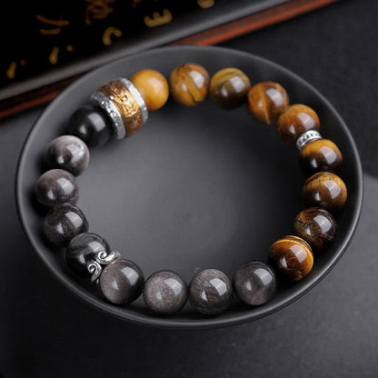 Mythstone Natural Silver Sheen Obsidian Tiger's Eye Six True Words 'om Mani Padme Hum'  Strength Bracelet