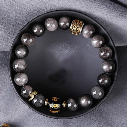 Mythstone Natural Silver Sheen Obsidian Tiger's Eye Six True Words 'om Mani Padme Hum'  Strength Bracelet