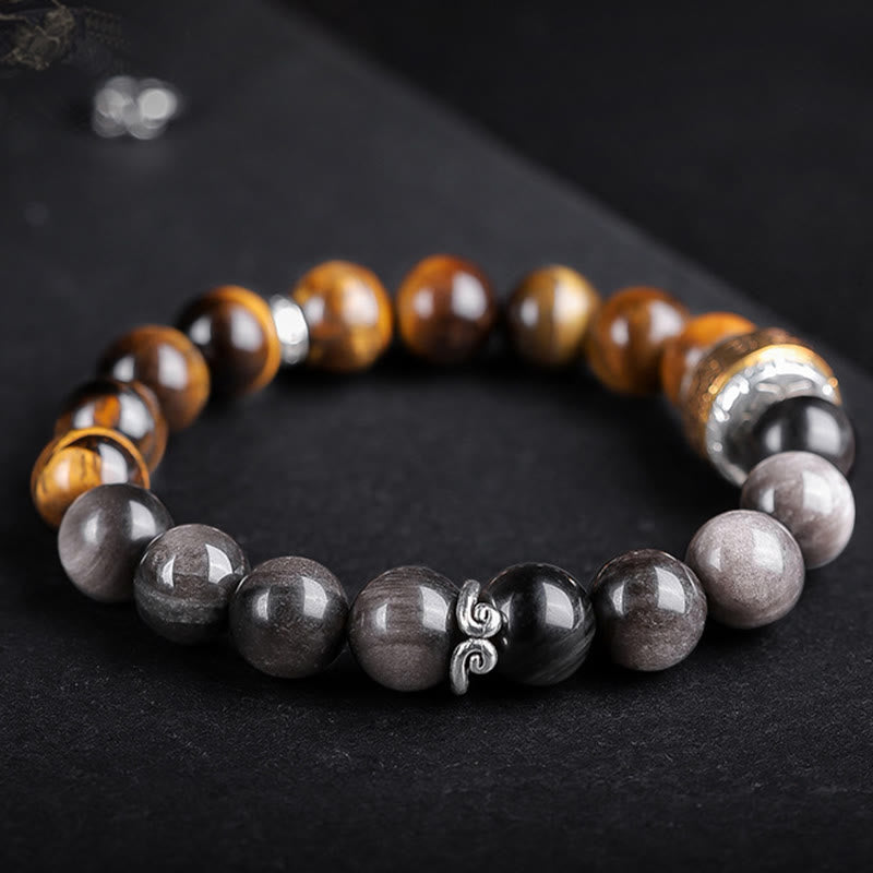 Mythstone Natural Silver Sheen Obsidian Tiger's Eye Six True Words 'om Mani Padme Hum'  Strength Bracelet