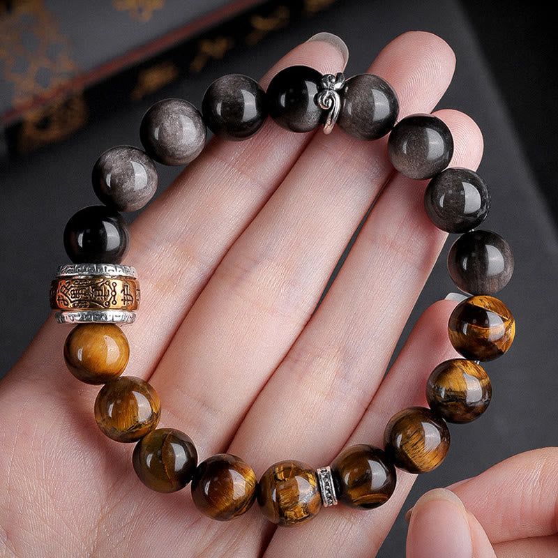 Mythstone Natural Silver Sheen Obsidian Tiger's Eye Six True Words 'om Mani Padme Hum'  Strength Bracelet