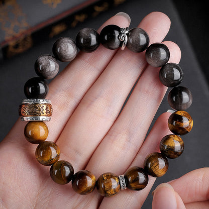 Mythstone Natural Silver Sheen Obsidian Tiger's Eye Six True Words 'om Mani Padme Hum'  Strength Bracelet